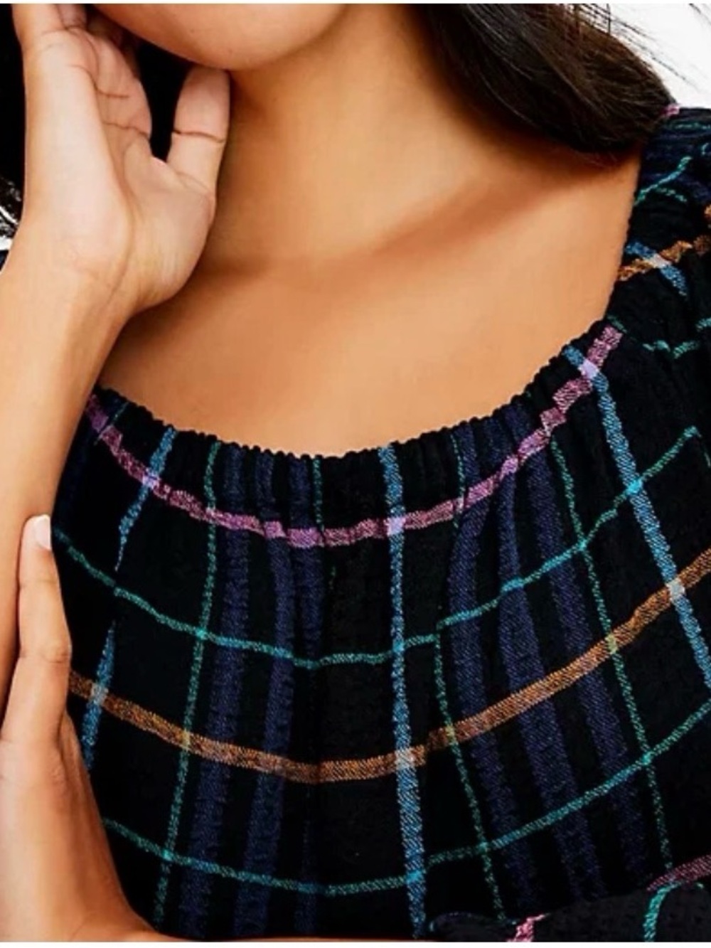 LOFT Peasant Blouse Windowpane Multicolor Plaid  Peplum Drop Waist Small